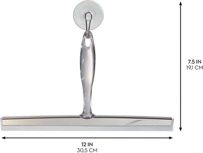 iDesign Zia Metal and Plastic Bathroom Squeegee for Shower, Glass Doors, Floors, Mirrors, with Suction Hook Holder , 12 Inches, Clear and Stainless Steel | Wall Hook Included