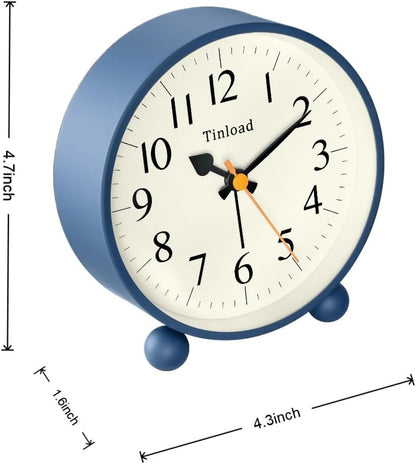 Tinload 4.5" Vintage Retro Analog Alarm Clock, Super Silent Non Ticking Small Clock with Manual Light, Snooze, Battery Operated, for Living Room, Bedroom, Bedside, Desk(Blue)