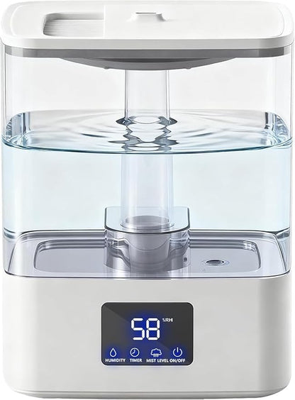 KZF 4L Top Fill Cool Mist Humidifier for Bedroom with 15H Runtime, 3 Mist Levels, 8H Timer, Essential Oil Tray, Humidity Display, Quiet Operation for Baby, Plants, Large Room