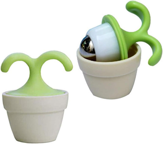 2PCS Handheld Body Massager Mini Potted Plant Shaped Roller Ball Bead Relaxation Neck Foot Face Pot Desk Decor Massage Cooling for Neck (Green with White)