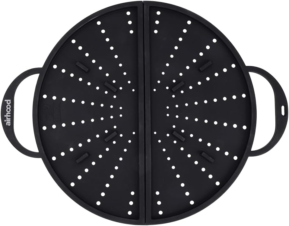 Silicone Splatter Screen, 2-in-1 Trivet & Splatter Screen, Black | Foldable BPA-free silicone guard blocks grease splatter, vents steam, opens for stirring, doubles as heat-resistant trivet