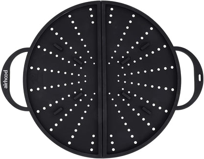 Silicone Splatter Screen, 2-in-1 Trivet & Splatter Screen, Black | Foldable BPA-free silicone guard blocks grease splatter, vents steam, opens for stirring, doubles as heat-resistant trivet