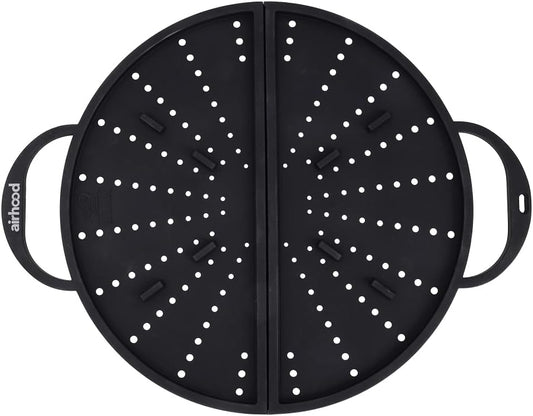 Silicone Splatter Screen, 2-in-1 Trivet & Splatter Screen, Black | Foldable BPA-free silicone guard blocks grease splatter, vents steam, opens for stirring, doubles as heat-resistant trivet