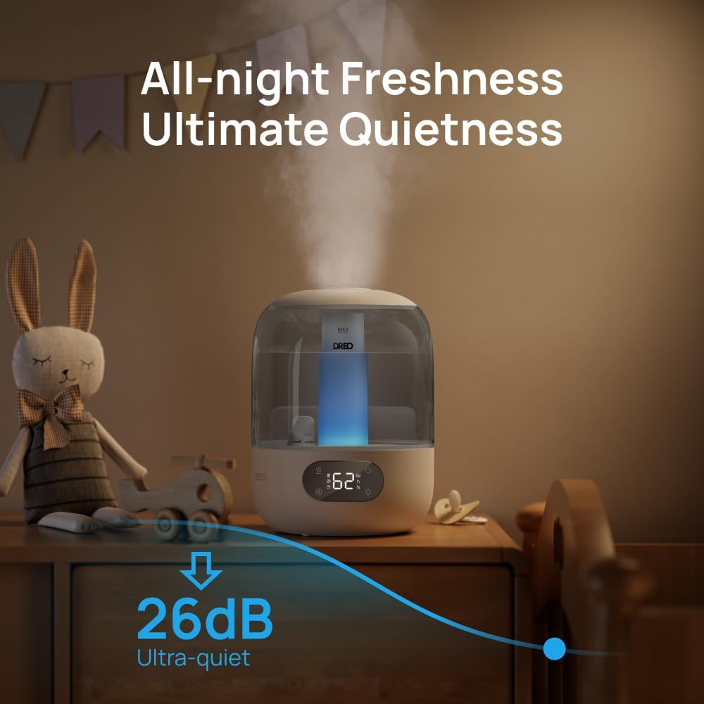 DREO 3L Humidifiers for Bedroom, 30H Runtime, 26 dB Quiet, Black | Easy to Refill & Clean, Precise Humidity Control, Night light, 360° Nozzle, Cool Mist Air Humidifier for Large Room, Baby