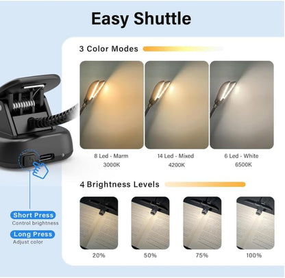 Vekkia 14 LED Rechargeable Book Light for Reading at Night | Eye-Care Reading Light for Books in Bed/180° Adjustable, Clip on Lamp/3 Color Temperatures, Lightweight