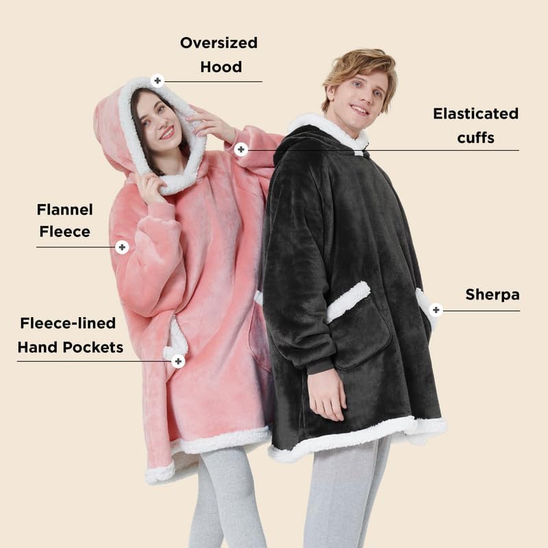 Bedsure Wearable Blanket Sherpa Hoodie Gifts, Sweatshirt, Grey, Standard
