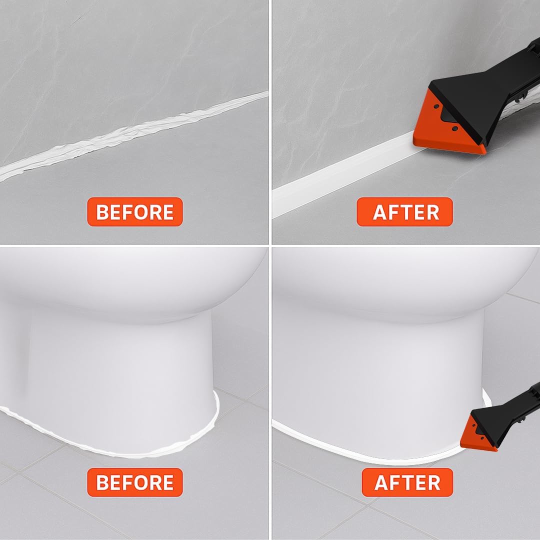 3 in 1 Caulking Tool with 6 Silicone Tips – Sealant Finishing & Caulk Remover, Stainless Steel Head, Mastic Remover & Angle Scraper for Bathroom, Kitchen, Floor, Window, Sink | 3-in-1 design: smooths, removes and scrapes in one tool