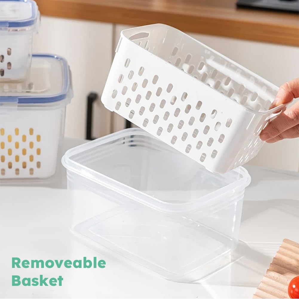 2 Pack Fruit Storage Containers for Fridge with Removable Colanders, Dishwasher & Microwave safe Produce Storage Containers with Lids Keep Fruits, Vegetables, Berry, Meat Fresh longer