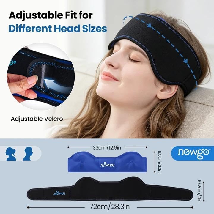 NEWGO Headache Ice Pack Head Wrap for Migraines, FSA Eligible | Reusable Head Ice Wrap, Removable Machine Washable, Soothes Tension Headaches, Sinus Pain, Chemo Discomfort, and Hot Flash