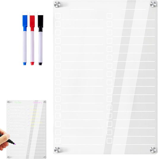 Acrylic Meal Planner Acrylic Clear Dry Erase Meal Planner | Acrylic Magnetic Marker Board for Fridge Kitchen Grocery List Shopping List Chore Chart Dry Erase Board, 3 Color Markers,