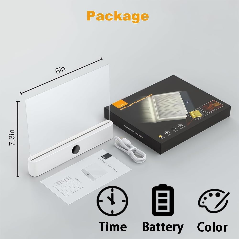 White Smart Led Reading Light, Book Light Treasure Box, Rechargeable Clear LED Flat Reading Light with 3 Colors & Timer, Doodleable Study Lamp, The Quiet Reader's Dream Lights