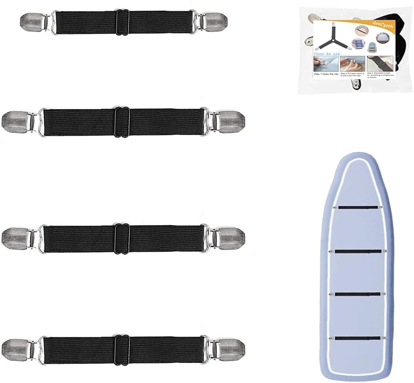 Adjustable Bed Sheet Straps Clips, Elastic Mattress Sheet Fasteners Holder and Suspenders, Grippers to Hold Sheet, Mattress, Sofa, Couch, Table Cloth, Ironing Board Cover, Black
