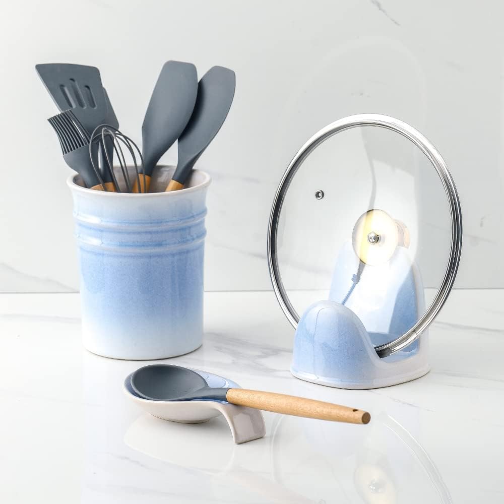 Nihow Ceramic Pot Lid Holder While Cooking for Kitchen Counter/Stove Top | Blue,Stable, Dishwasher Safe, Keep Counter Top Tidy and Clean,Water Proof,Saving Space,Heat Resistant