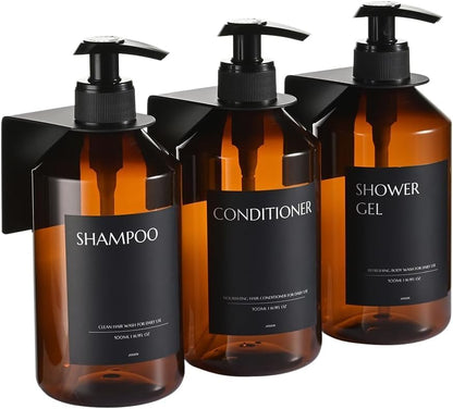 Shampoo and Conditioner Dispenser Set of 3 for Wall Mount | 16.9 fl oz Drill Free Shower Soap Bottles,Refillable Body Wash Dispensers for Bathroom Decor (Amber Bottles + Bamboo Pumps)