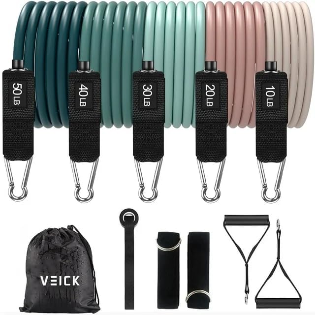 VElCK Resistance Bands Set with Handles for Exercise, Workout and Home Gym | 100% Natural Latex, 10-150LBS, Versatile for Yoga, Pilates, Strength, Home Gym