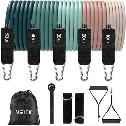 VElCK Resistance Bands Set with Handles for Exercise, Workout and Home Gym | 100% Natural Latex, 10-150LBS, Versatile for Yoga, Pilates, Strength, Home Gym