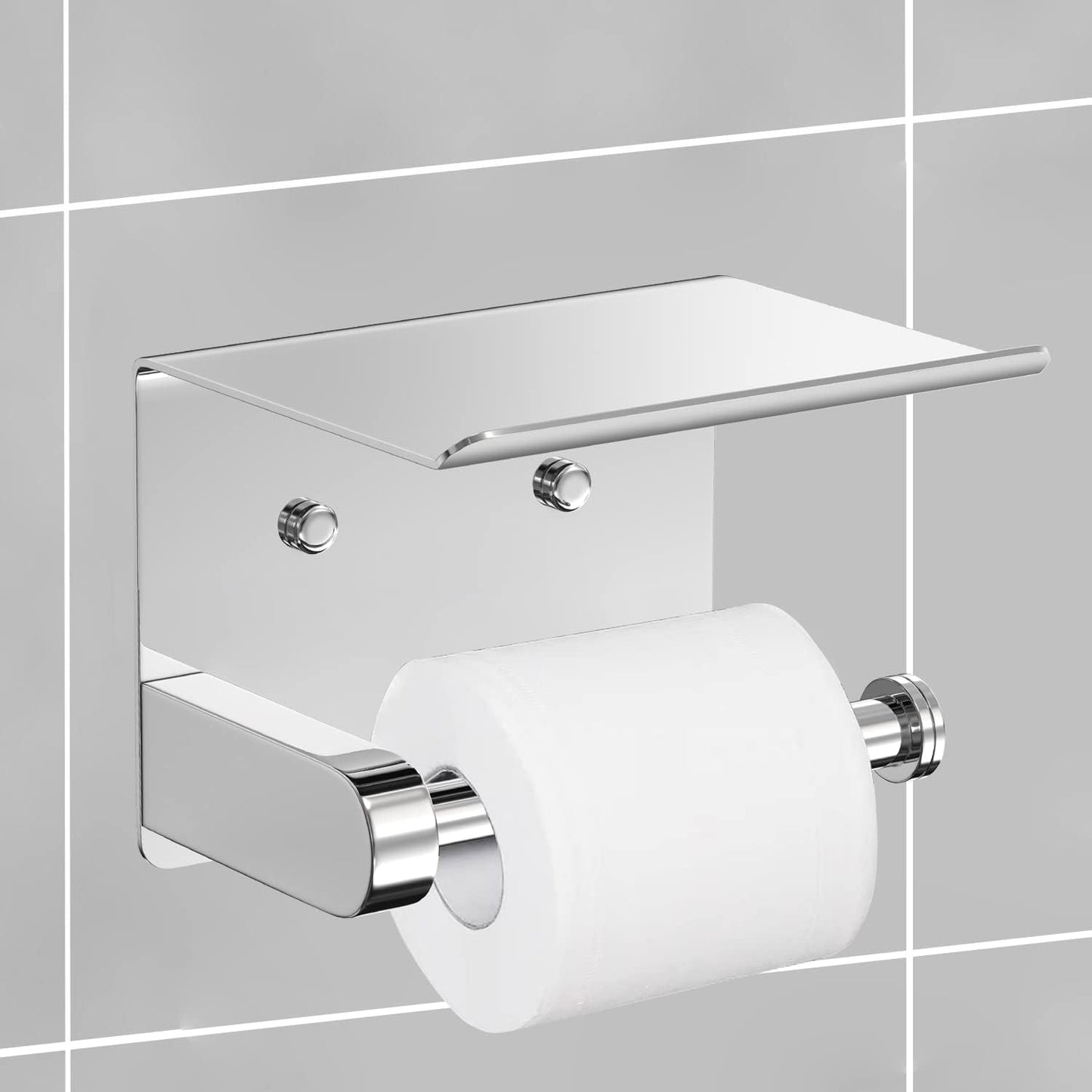 VAEHOLD Self Adhesive Toilet Paper Holder with Phone Shelf Stainless Steel Wall Mounted Toilet Paper Roll Holder - Rustproof and Bathroom Washroom Tissue Roll Holder with Shelf - Black