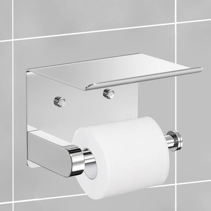 VAEHOLD Self Adhesive Toilet Paper Holder with Phone Shelf Stainless Steel Wall Mounted Toilet Paper Roll Holder - Rustproof and Bathroom Washroom Tissue Roll Holder with Shelf - Black