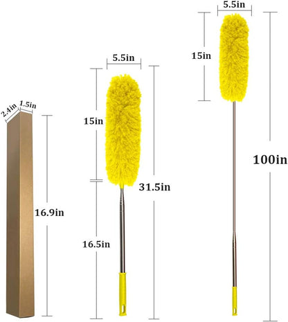 Cobweb Duster with Extension Pole 100 inches, Dusters for Cleaning with 2 Duster Heads, Washable Microfiber Feather Duster for Cleaning Ceiling Fan, High Ceiling, Blinds, Furniture & Cars
