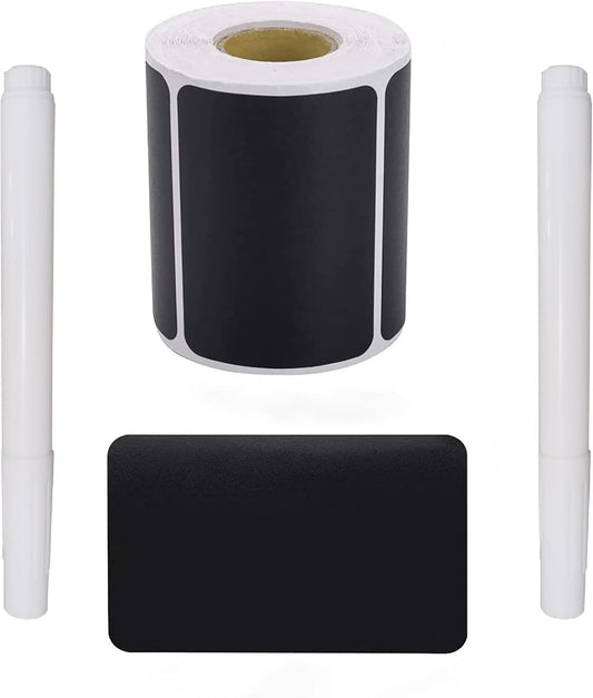 Chalkboard Labels Waterproof Reusable Label Stickers with 2 White Liquid Chalk Markers for Storage Bin, Food Container, Mason Jars 5X7.5cm Black