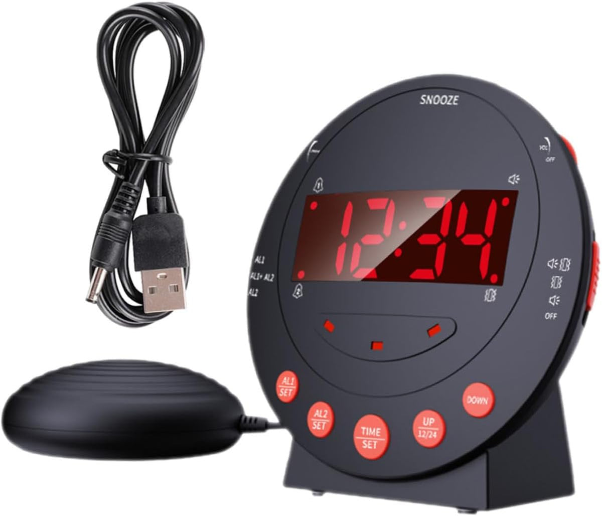 1 Set Loud Alarm Clock with Bed Shaker for Heavy Sleepers Digital Vibration Clock with Non Slip Base and Dual USB Ports for Deaf and Hard of Hearing