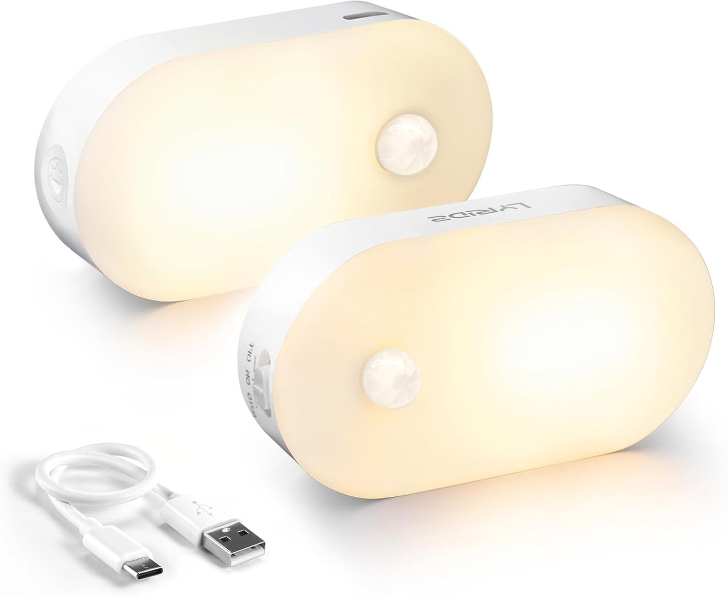 Lyridz Rechargeable Night Light with Motion Sensor, Dimmable Amber Nightlights for Bathroom, Bedroom, Kids Room, Hallway, Stairs, Pet House, 2 Pack