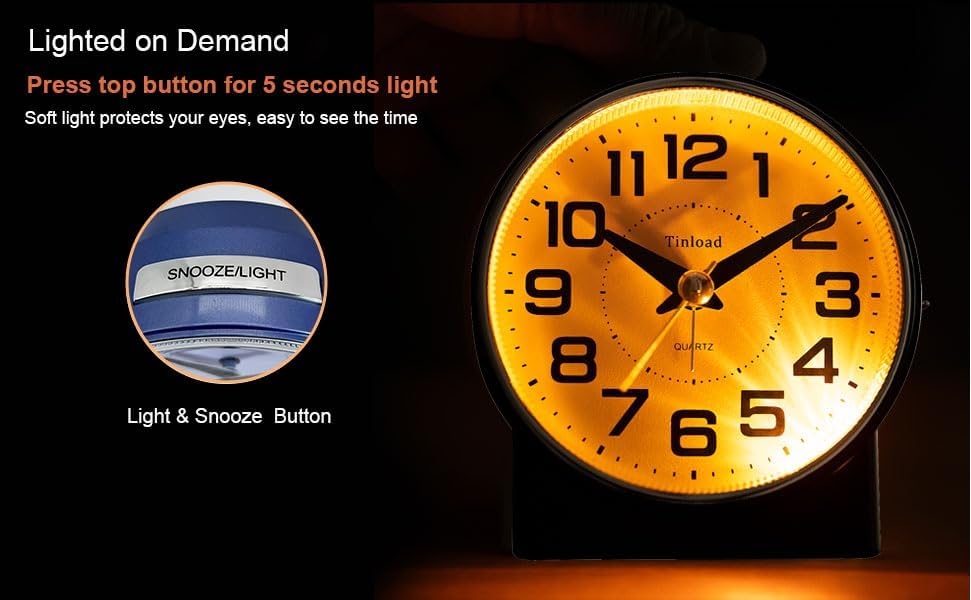Tinload 4.3" No Ticking Analog Alarm Clock,Silent Readable for Seniors,Easy to Set,Gradual Rise Alarm,Big Numbers,On/Off Switch on Side,Gentle Wake,Snooze,Lighted on Demand,Battery Operated,Black