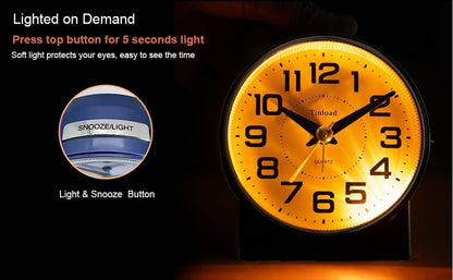 Tinload 4.3" No Ticking Analog Alarm Clock,Silent Readable for Seniors,Easy to Set,Gradual Rise Alarm,Big Numbers,On/Off Switch on Side,Gentle Wake,Snooze,Lighted on Demand,Battery Operated,Black