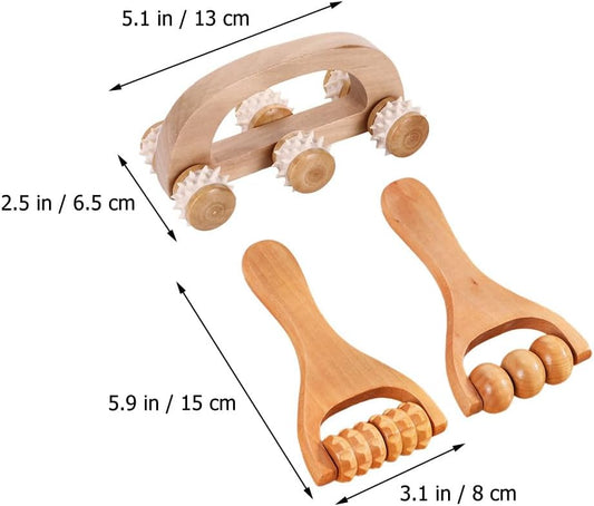 Lurrose Wooden Massage Roller Set 3Pcs Handheld Full Body Massager Tools for Foot Leg Back Pain Relief Portable Manual Massage Tool for Office Home Travel