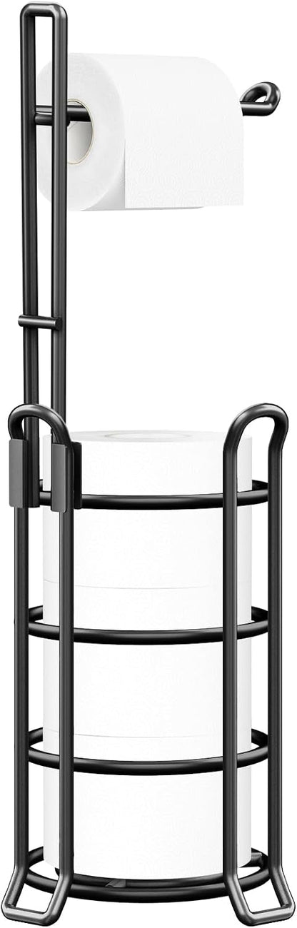 TomCare Toilet Paper Holder Free Standing with Shelf, Stable 4 Raised Feet | Stores 4 Mega Rolls, Tool-Free Assembly, Powder-Coated Metal Frame, Bathroom Storage Organizer for Spare Rolls, Silver