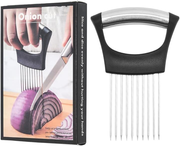 Onion Holder & Lemon Slicer Cutter Tool – Stainless Steel Vegetable & Fruit Slicing Assistant for Easy, Safe Cutting (Silver)