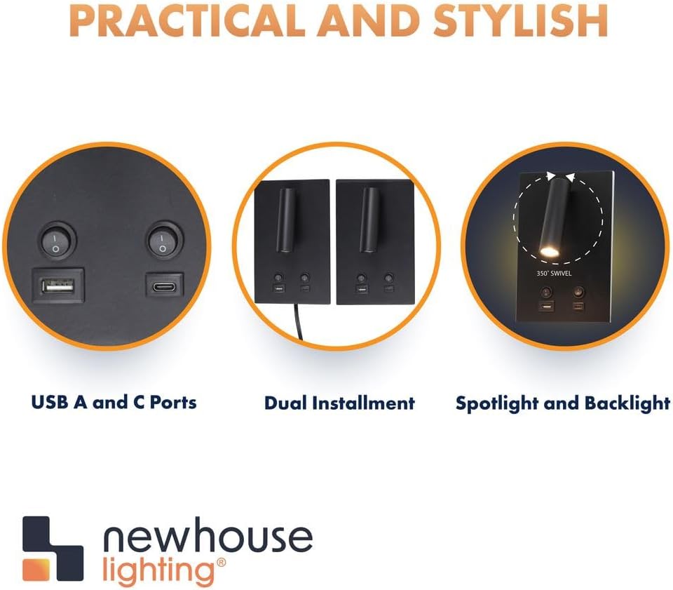 Newhouse Lighting 4.5 in. W x 15 in. H Cole Gooseneck Reading Light in Matte Black with USB-A and USB-C Charging Ports NHRL-CO-BLK, Bedside Lamp for Nightstands, Space-Saving Office Desk Accessory