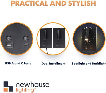 Newhouse Lighting 4.5 in. W x 15 in. H Cole Gooseneck Reading Light in Matte Black with USB-A and USB-C Charging Ports NHRL-CO-BLK, Bedside Lamp for Nightstands, Space-Saving Office Desk Accessory