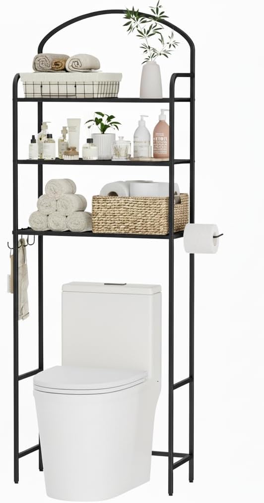 3 Tier Over The Toilet Storage Rack, Bathroom Organizer | Toilet Storage with 4 Hooks & Paper Holder, Space-Saving, Freestanding Bathroom Shelf, Metal, White