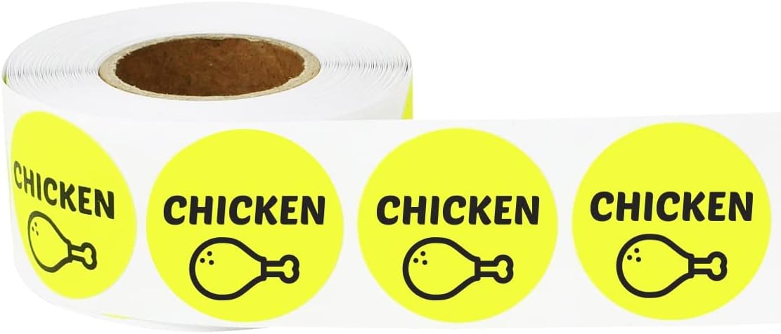 600 Chicken Stickers, 1 Inch Round Chicken Food Labels Meat Stickers Deli Pantry Catering Food Truck Grocery Store Menu Meal Choice Sticker Meat Package Food Labeling, Yellow - 2 Rolls of 300 Labels