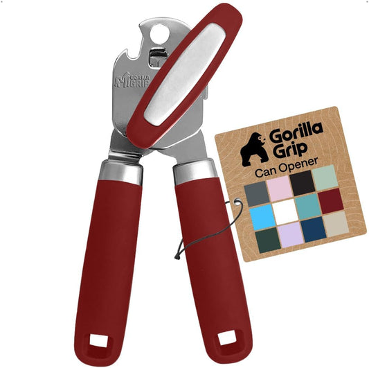 GORILLA GRIP Original Model Stainless Steel Smooth Edge Manual Can Opener and Bottle Openers, US Designed, Comfortable Handle, Oversized Handheld Turn Knob, Multifunctional Kitchen Tool, Red