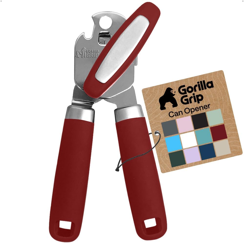 GORILLA GRIP Original Model Stainless Steel Smooth Edge Manual Can Opener and Bottle Openers, US Designed, Comfortable Handle, Oversized Handheld Turn Knob, Multifunctional Kitchen Tool, Gray