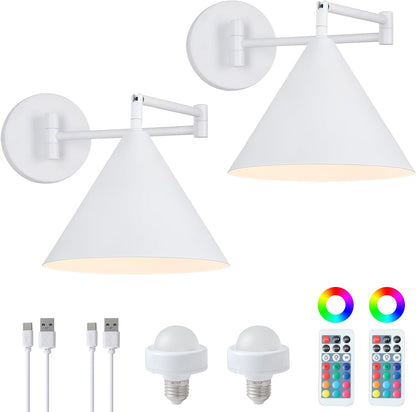 Rechargeable Swing Arm Wall Sconces Set of 2,Gold Battery Operated Wireless Dimmable 3 Color Wall Light with Remote,Cone Indoor Light Fixture for Bedside,Kitchen,Hallway,Living Room,Reading