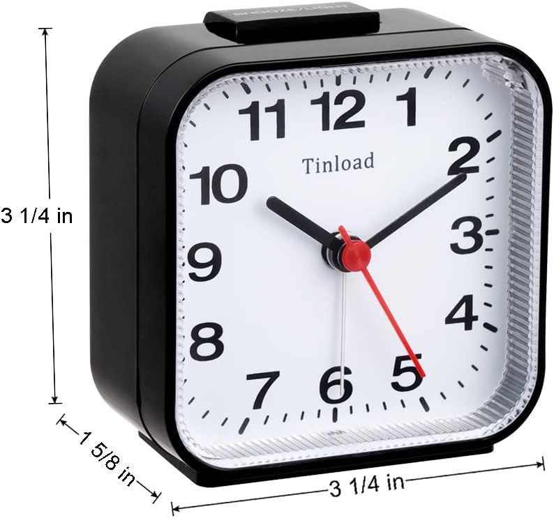 Tinload Small Battery Operated Analog Travel Alarm Clock Silent Non Ticking, Gentle Wake, Ascending Beep Sounds, Snooze,Lighted on Demand, Easy Set(Black)