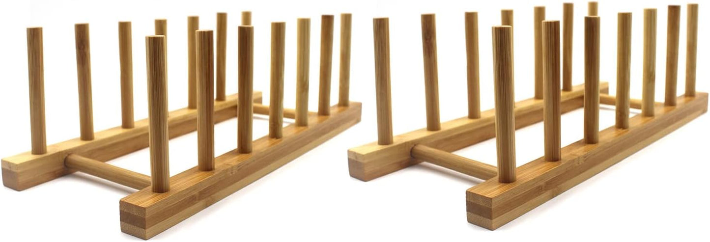 INNERNEED Bamboo Wooden Dish Rack, Vertical Plate & Lid Organizer | for Kitchen Cabinet or Countertop, Drying Stand for Dishes, Cutting Boards