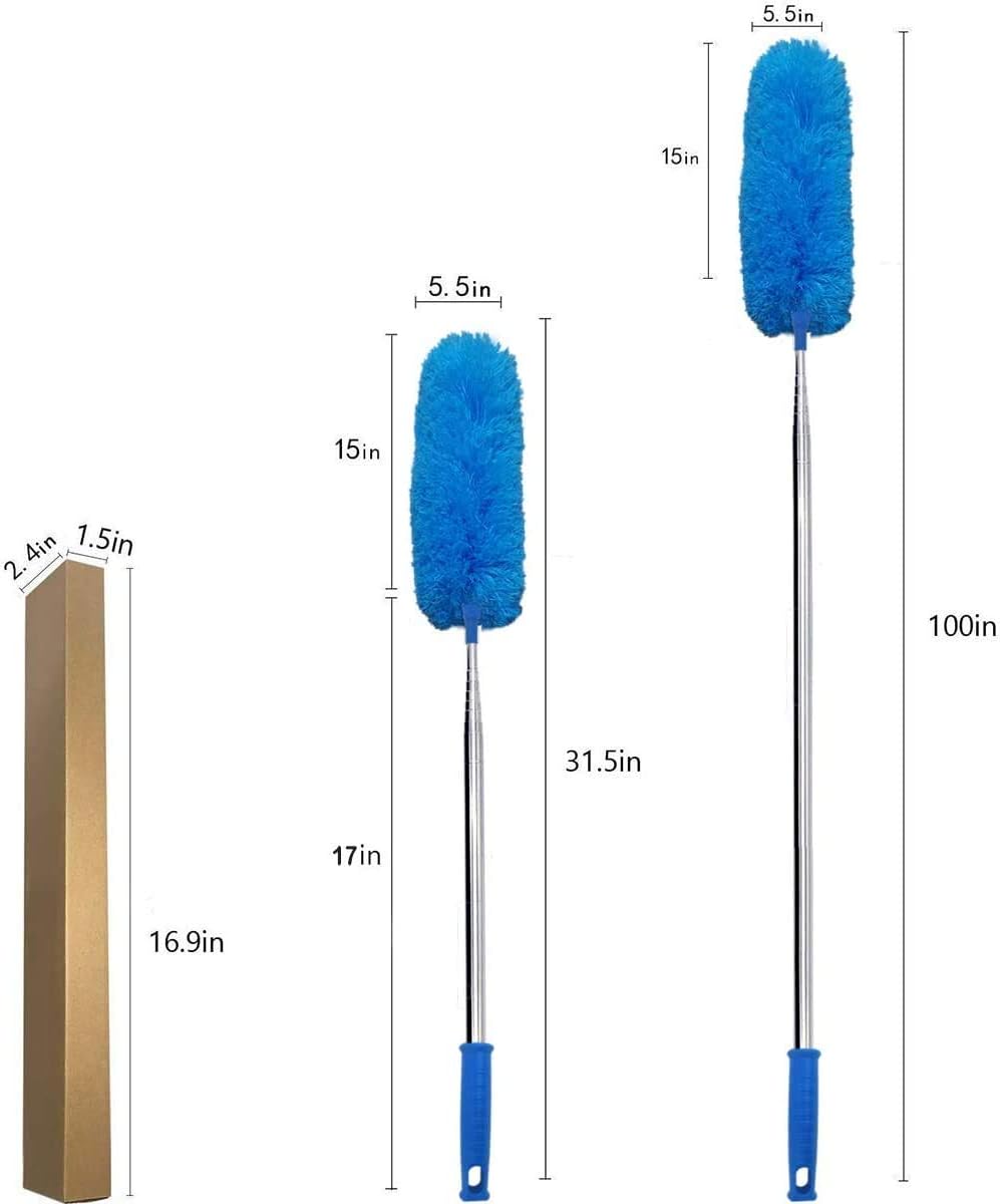 Cobweb Duster with Extension Pole 100 inches, Dusters for Cleaning with 2 Duster Heads, Washable Microfiber Feather Duster for Cleaning Ceiling Fan, High Ceiling, Blinds, Furniture & Cars