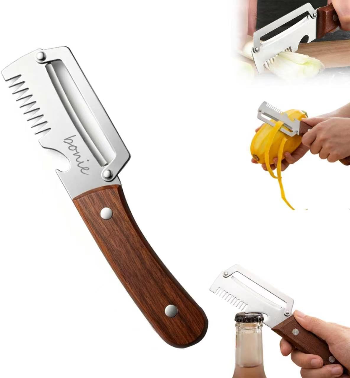 Multi-Functional Stainless Steel Thickened Fruit Peeler Knife, 2026 New 3 in 1 Stainless Steel Blade Peeler for Kitchen with Wooden Handle and Bottle Opener for Vegetable & Fruit (MIX, 2PCS)