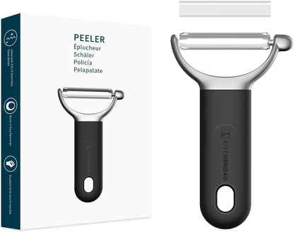 KITCHENDAO Swivel Vegetable Potato Peeler for Kitchen, Japanese Stainless Steel Sharp Blade, Heavy Duty Die-cast Construction Y Peeler, Built-in Eye Remover, Soft-touch Handle, Dishwasher Safe, Black