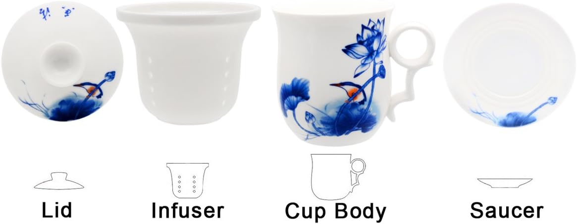 Porcelain Tea Cup with Infuser Lid and Saucer Sets - Chinese Jingdezhen Ceramics Coffee Mug Teacup Loose Leaf Tea Brewing System for Home Office