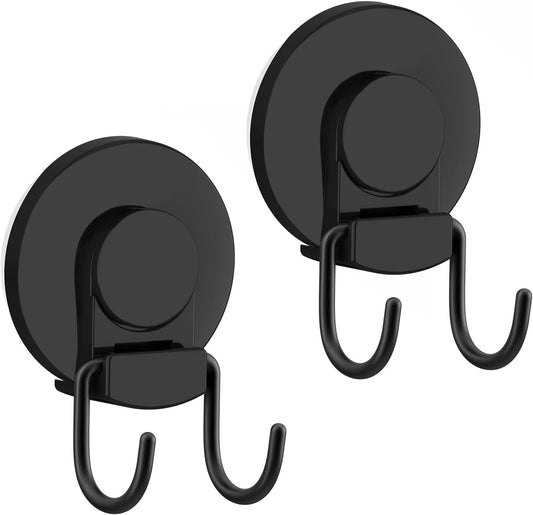 VIS'V Shower Suction Cup Hooks, Removable and Reusable, Black, 2 Pcs | Double Hooks Design, Heavy Duty, Strong Vacuum Suction, Fits for Smooth Flat Surfaces