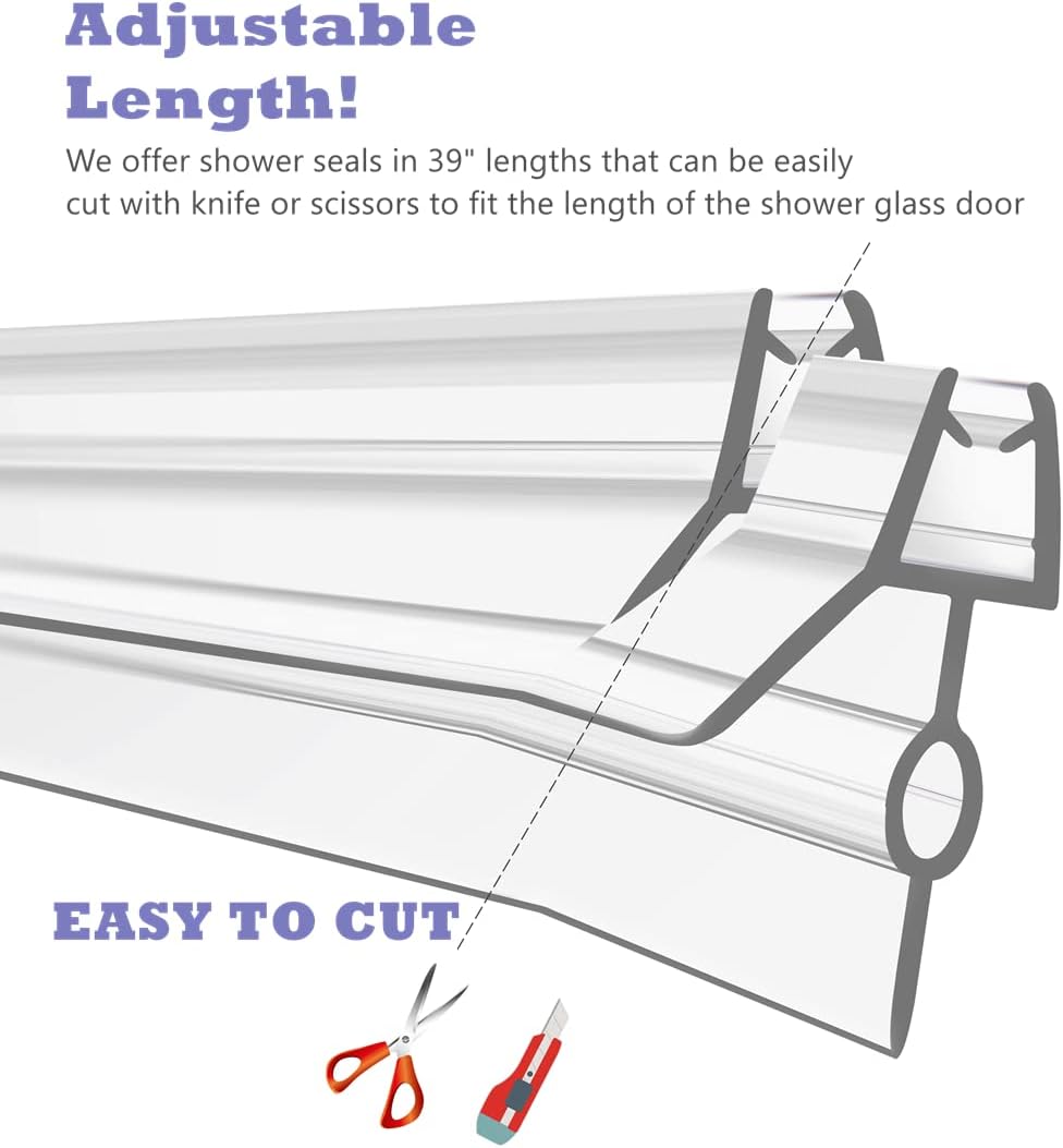 2-Pack Frameless Shower Door Bottom Seal (1/4'' X 39'') Clear Glass Shower Door Sweep Strip can Covers up to 23mm Gap - Stop Leaks