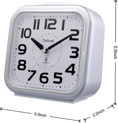 Tinload 5.5" Large Analog Alarm Clock Silent Non Ticking, Gentle Wake, Beep Sounds, Increasing Volume, Battery Operated Snooze and Manual Light, Easy Set, Black (Best for Elder)