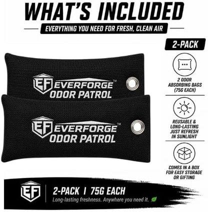 EverForge Odor Patrol Charcoal Deodorizer Bags, Natural Odor Absorber for Shoes & Sneakers, Gym Bags, Lockers, Sports Gear, & Cars, Activated Charcoal, 2-Pack, Unscented
