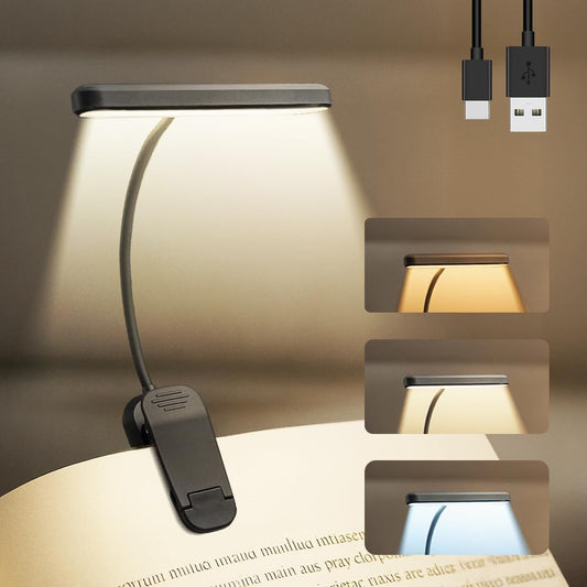 Rechargeable Book Light for Reading in Bed 25 LED Eye Caring | 15 Level Stepless Dimming, Extended 90Hrs Runtime, Lightweight Clip on Light, Gifts for Book Lovers, Black