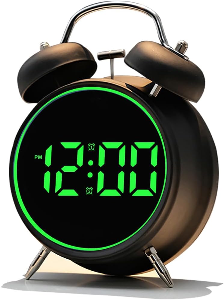 Loud Alarm Clock for Heavy Sleepers Adults, Teens,Kids,Retro Metal Twin Bell 4 Inch,Large Big Numbers Display with Backlight, Small Bedside Digital Clock for Bedrooms (Silvery)